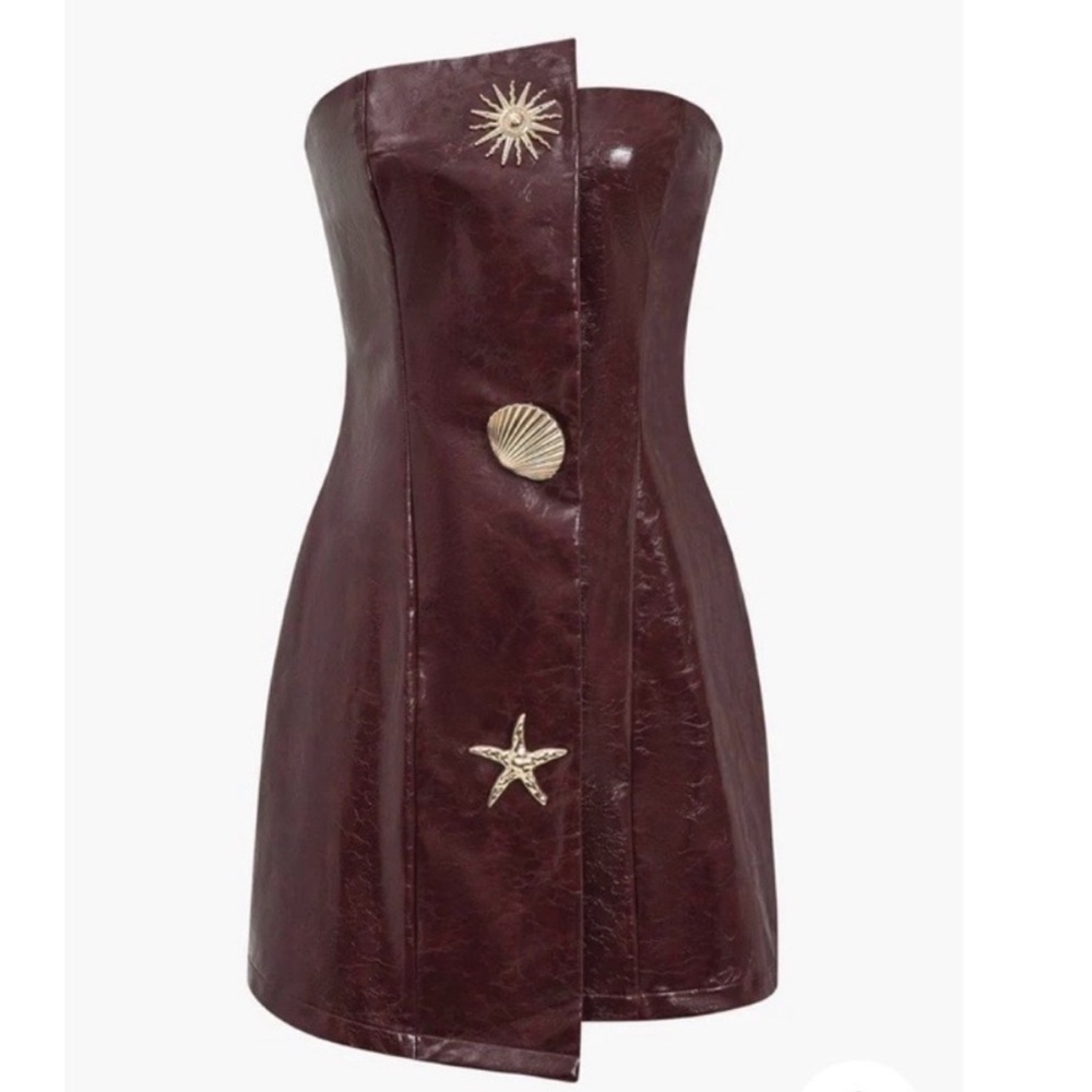 Burgundy Leather Strapless Dress with Sea Motif